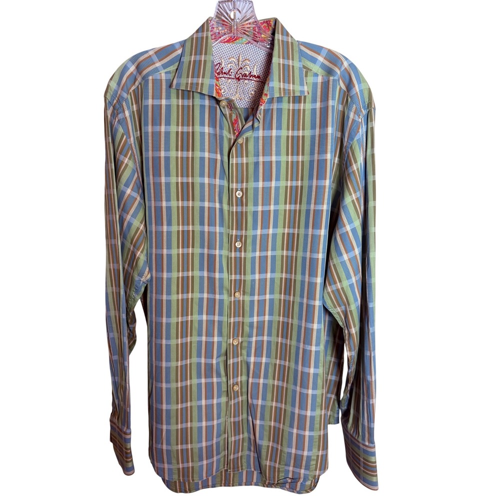 Robert Graham Plaid Button Down Mens Large Blue Green Cotton Long Sleeve Shirt